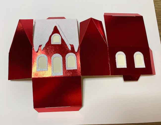  White Snowy trim on  red  foil Christmas Paper House No 14