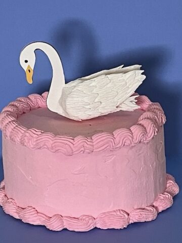 Swan cake topper on pink fake cake