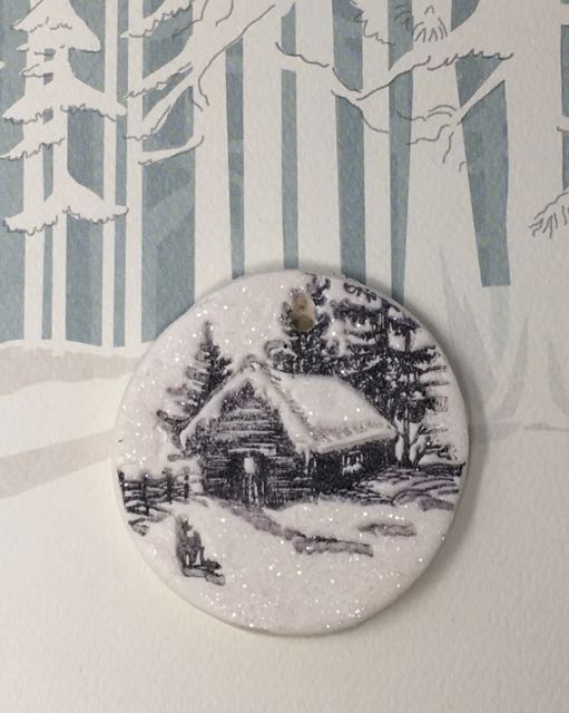 Tim Holtz little cabin cornstarch dough ornament from Holiday Drawings stamp set