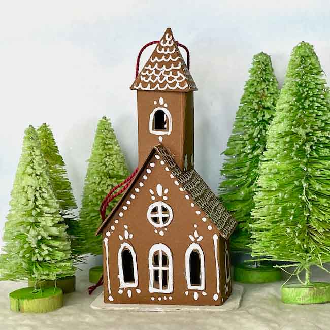 Tiny Paper Church Christmas Ornament in brown cardstock and white gel pen