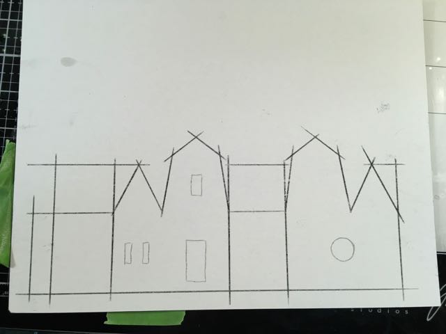 Traced paper pattern Christmas putz house onto cardboard