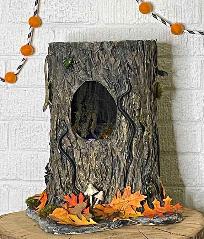 Tree stump Halloween Candy bowl paper mache completed