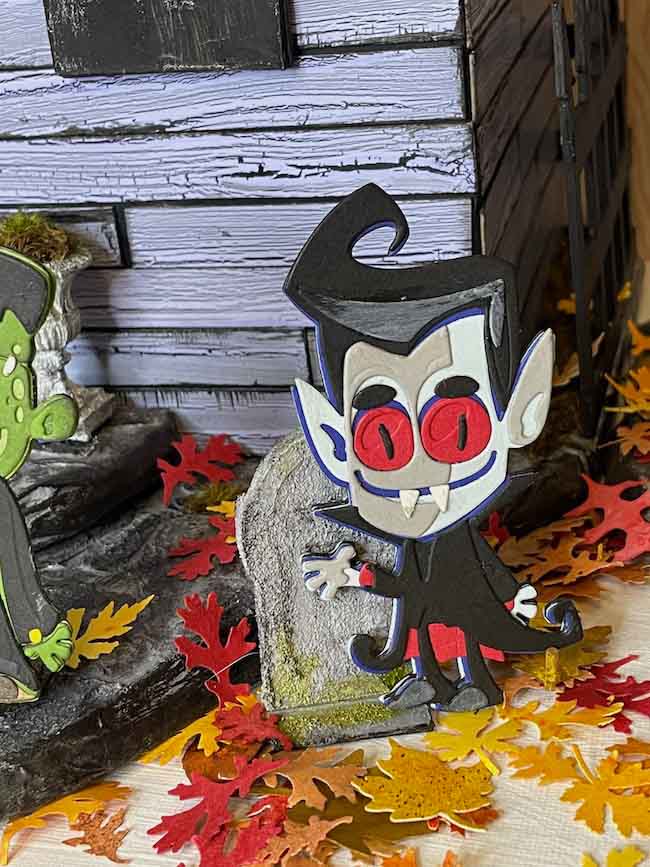 Vampire paper figure in front Halloween dollhouse