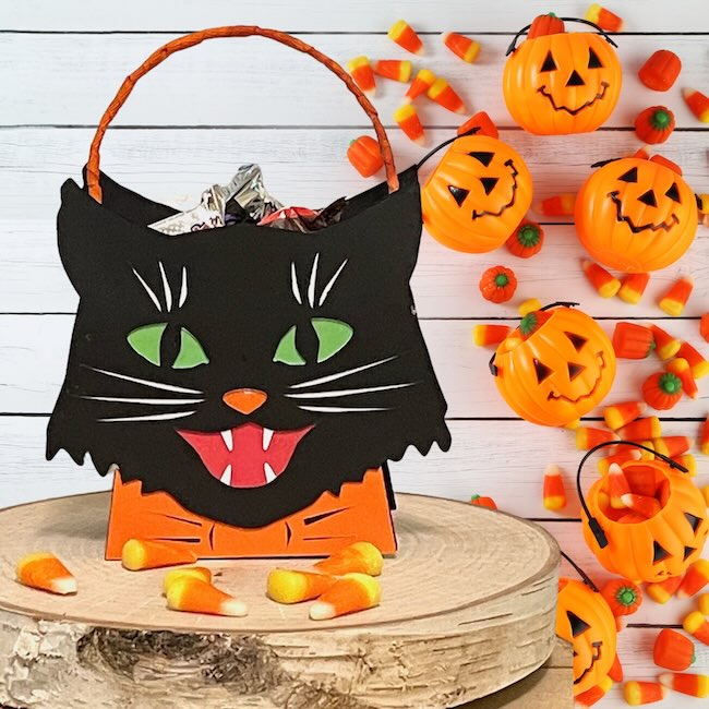 Vintage cat candy box with pumpkins and candy corn