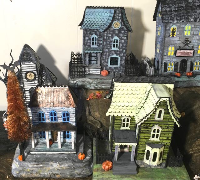 Widow's Walk Halloween Putz House with Halloween bottle brush tree