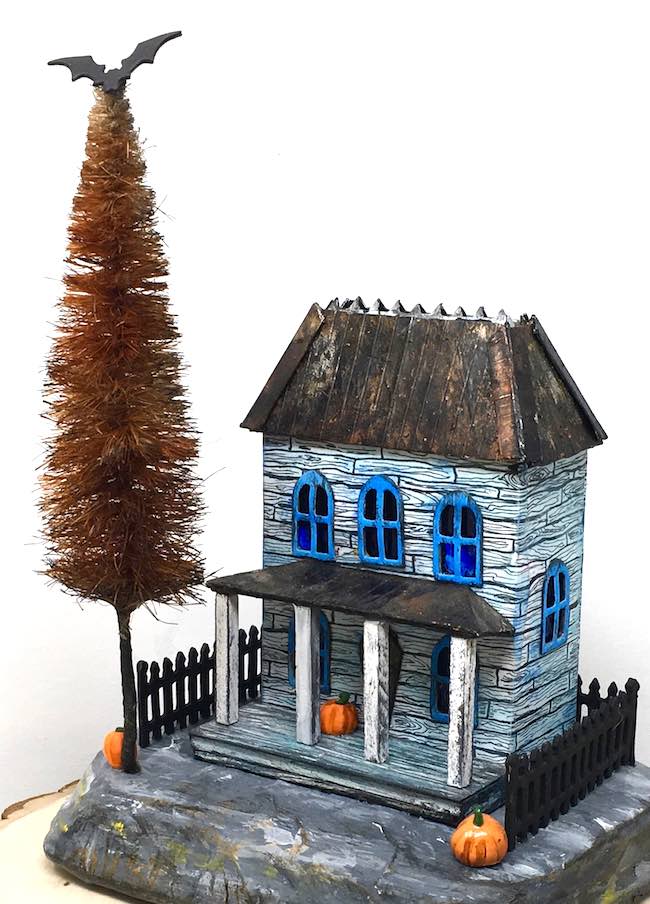 Widows walk miniature Halloween house with DIY bottle brush tree