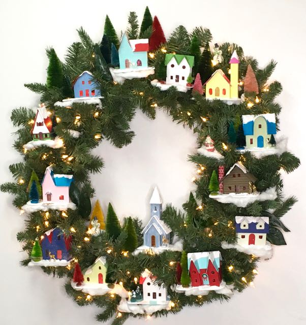 Make your own winter village christmas wreath with glitter houses