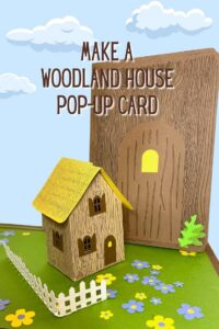 Woodland card vertical - Woodland house with clouds, card blue background
