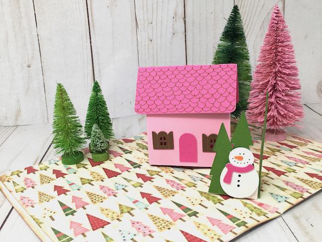 cottage pop up card with snowman trees pop up in front