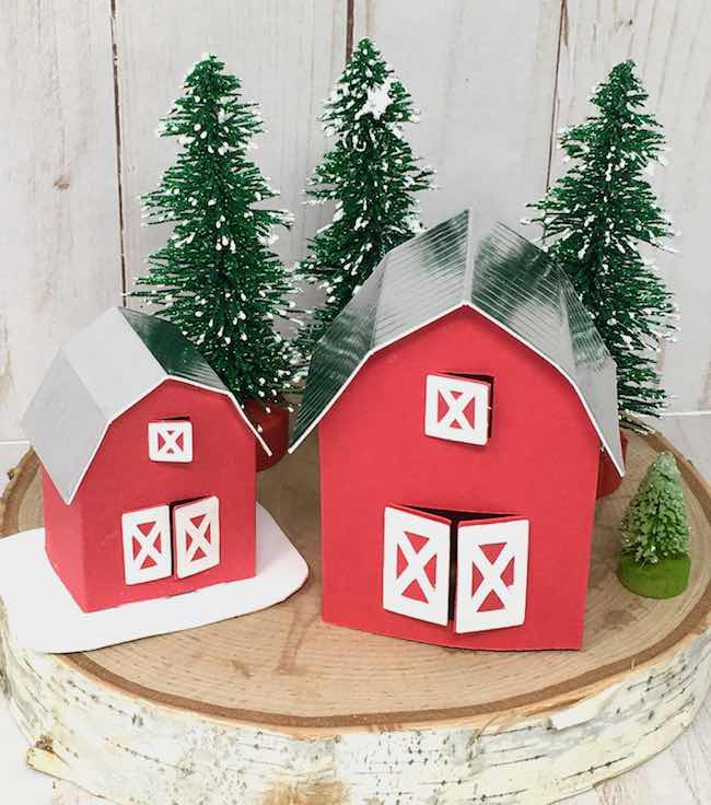 miniature barn ornaments showing the metallic roof