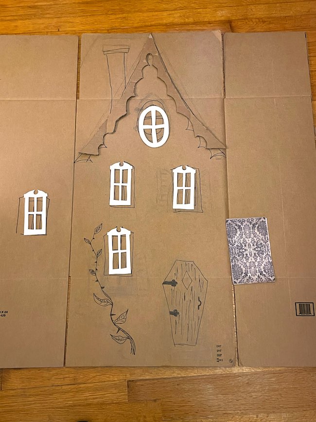 test cardboard windows on house box costume